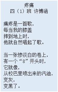 文本框: 疼痛 四（1）班 许博涵   痛疼是一首歌， 每当我的膝盖 摔到地上时， 他就自然唱起了歌。   当一张惨淡白的卷上， 有一个“8”开头时， 它就像， 从校巴里喷出来的汽油， 变灰， 变黑了。 